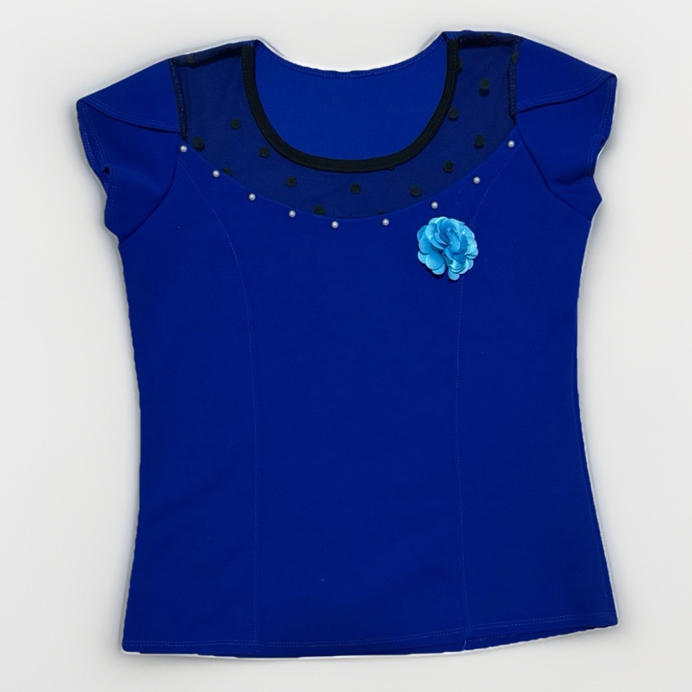 Blue Top with Sheer Polka Dot Detail